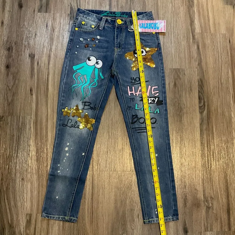 New Lala Bobo Jeans Vintage Blue Denim Graphic Print Sequin Size‎ 29 NWT